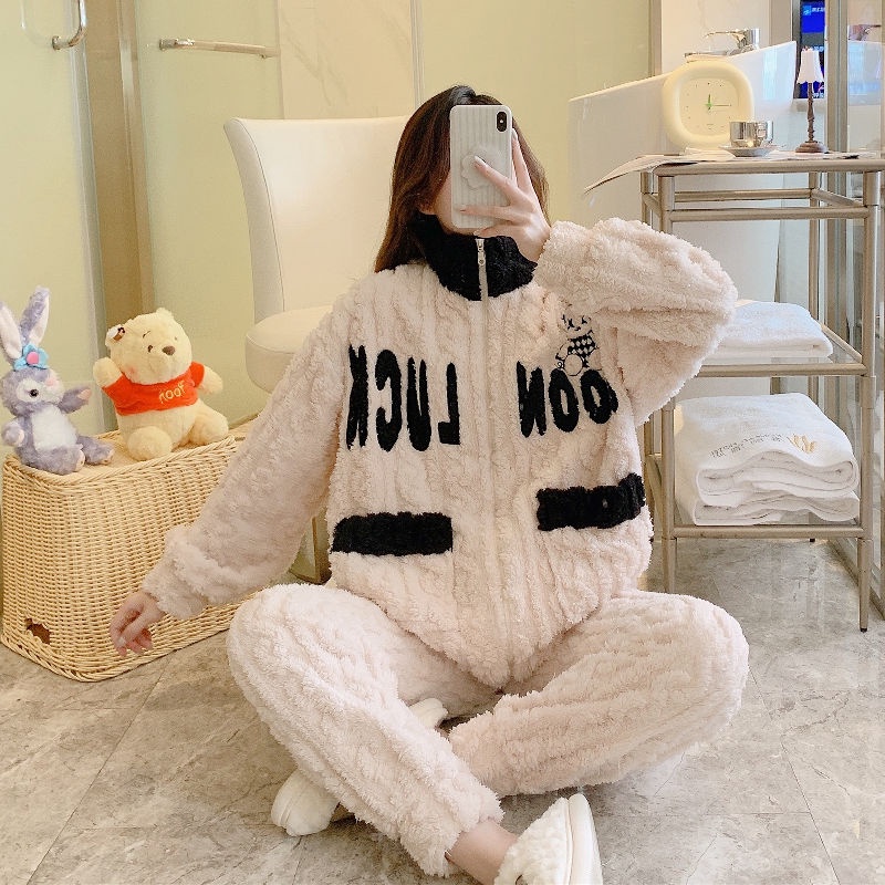 Bộ Đồ Ngủ Lông Cừu San Hô Dày Dặn Có Khóa Kéo Họa Tiết Hoạt Hình Dễ Thương