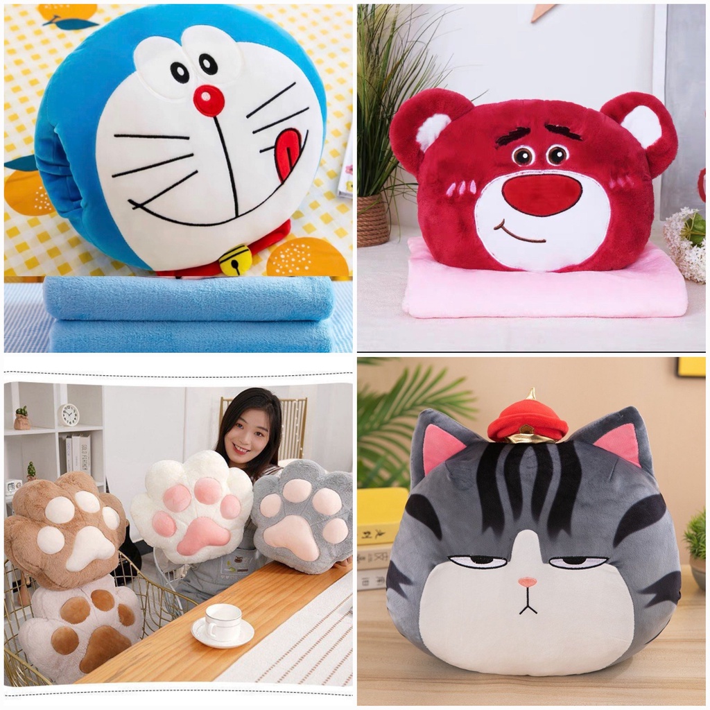 Chăn văn phòng 2in1, chăn gối 2 trong 1, gấu kèm chăn Mèo DUDU Hoàng Thượng,Lotso Hồng, Khủng Long Heo