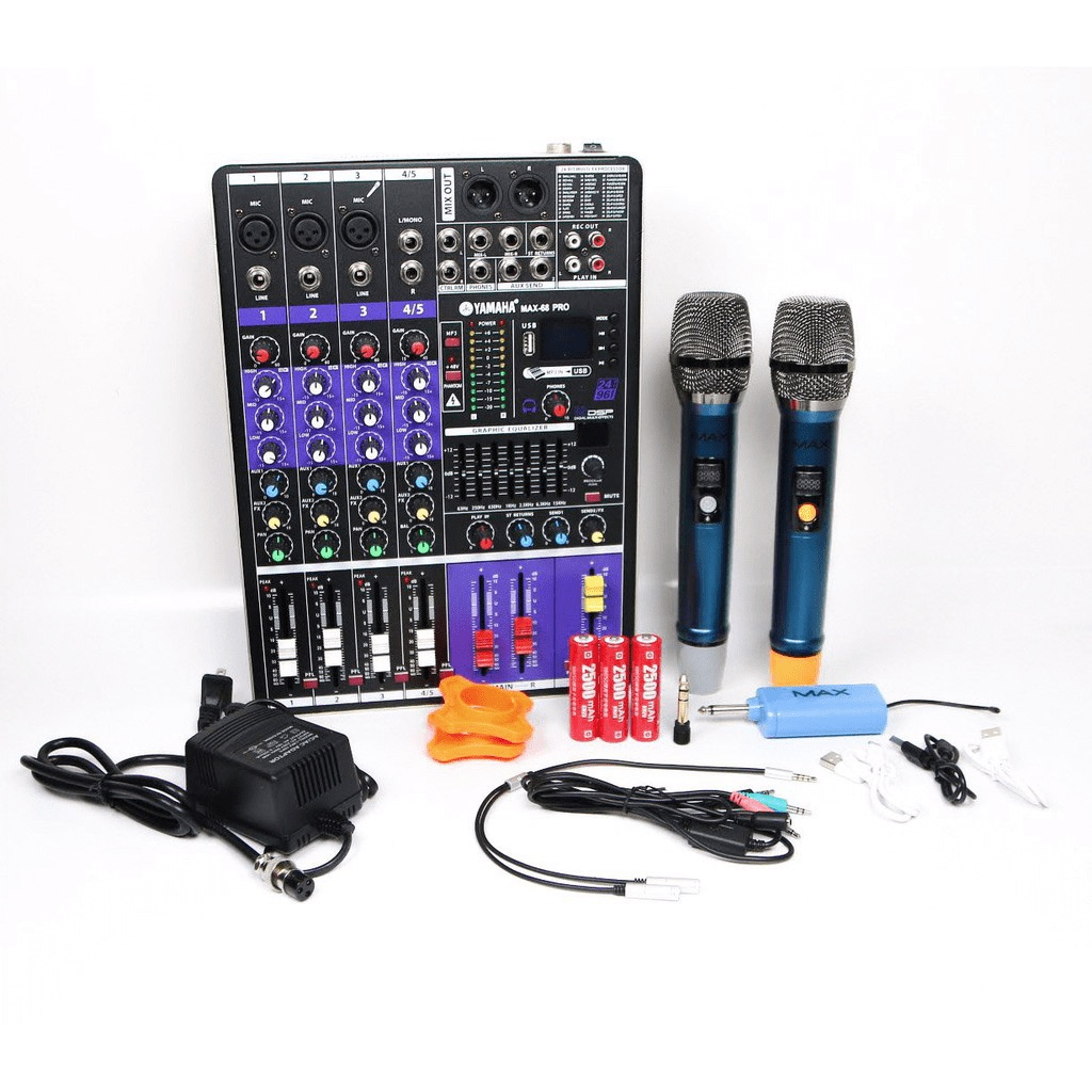 Combo thu âm livestream chuyên nghiệp karaoke cao cấp mixer Max 68 Pro và micro Max 56 bộ 2 mic không dây