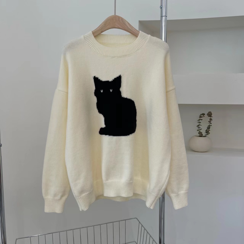 DIDIKA Áo len Áo Sweater Cổ Tròn Họa Tiết Mèo Thời Trang Mùa Thu Mới