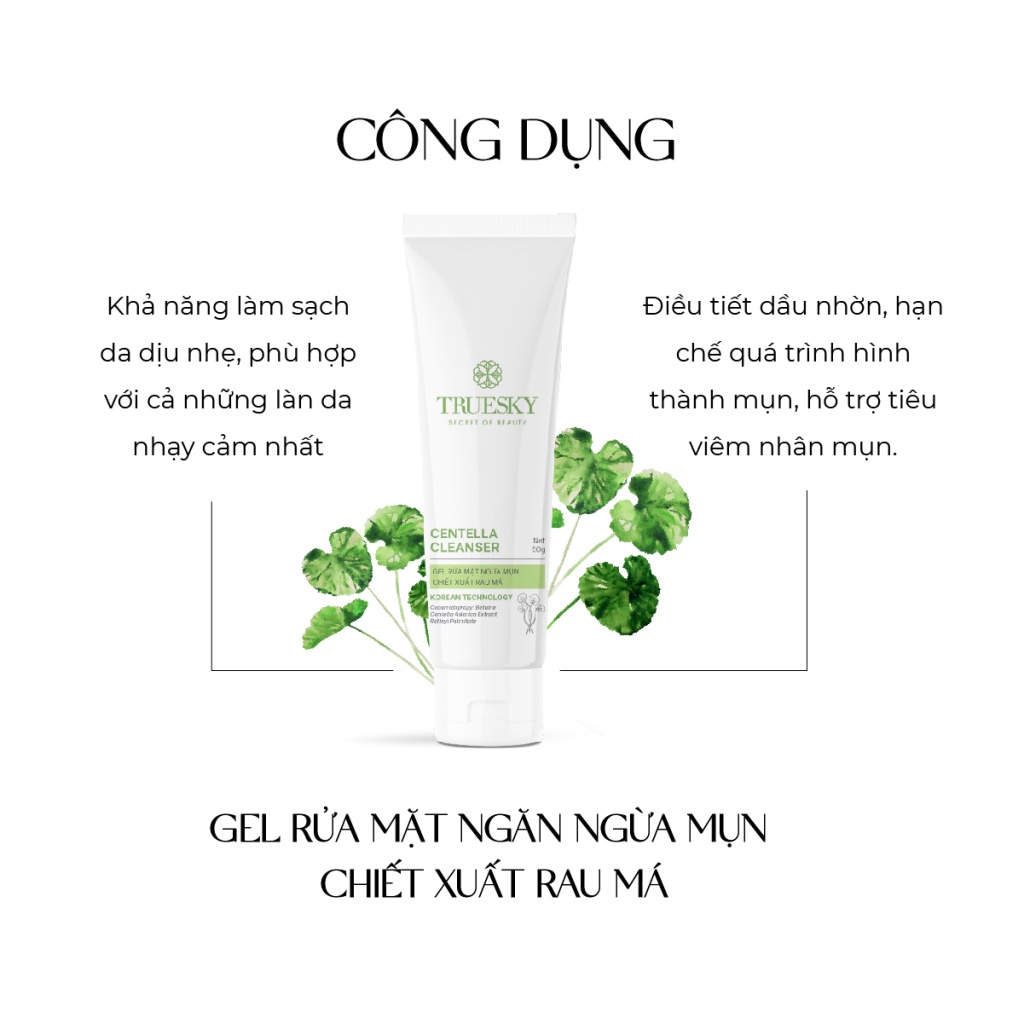 Gel rửa mặt ngăn ngừa mụn chiết xuất rau má Truesky Centella Cleanser 50g