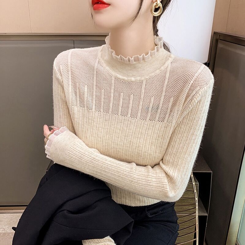 Slim lace stitching half-high collar bottoming long-sleeved shirt