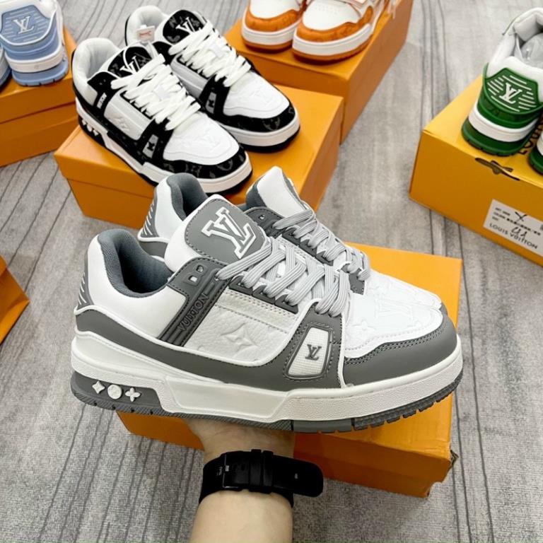 Giày LV Trainer xám ghi cổ thấp đế cao 5cm, giày thể thao, sneaker LV màu xám mới độn đế dành cho nam nữ đầy đủ billbox