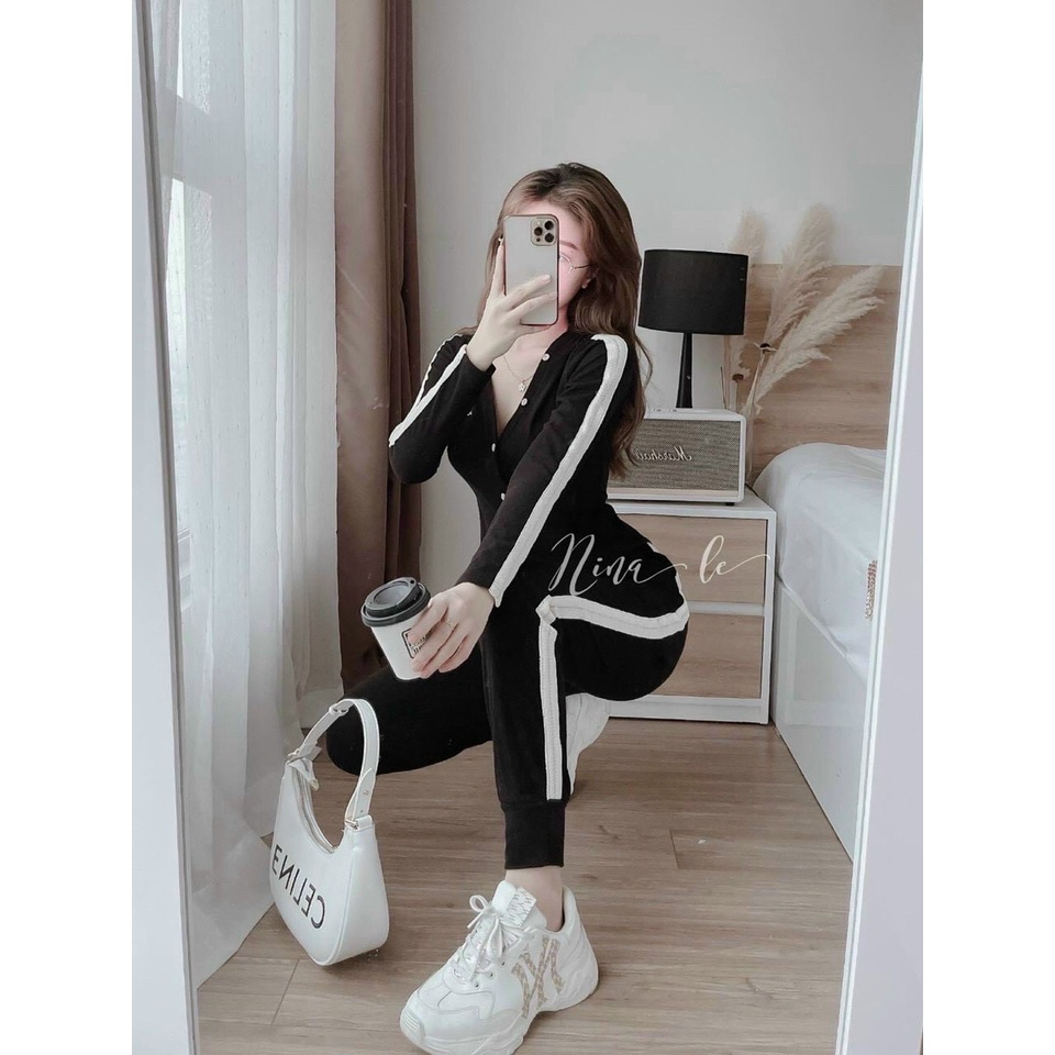 [12.12 Sales Freeship] Set bộ thể thao nữ, set áo tay dài gài nút có nón kèm quần ống túm phối viền trắng đi chơi cátính