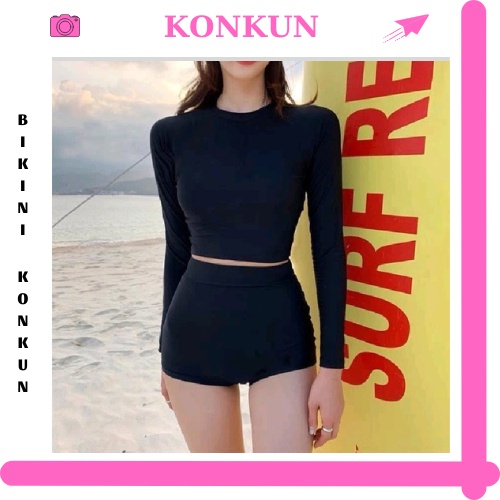 Đồ bơi nữ tay dài quần đùi kín đáo- Bikini đi biển có tay chống nắng che bụng KONKUN MS117