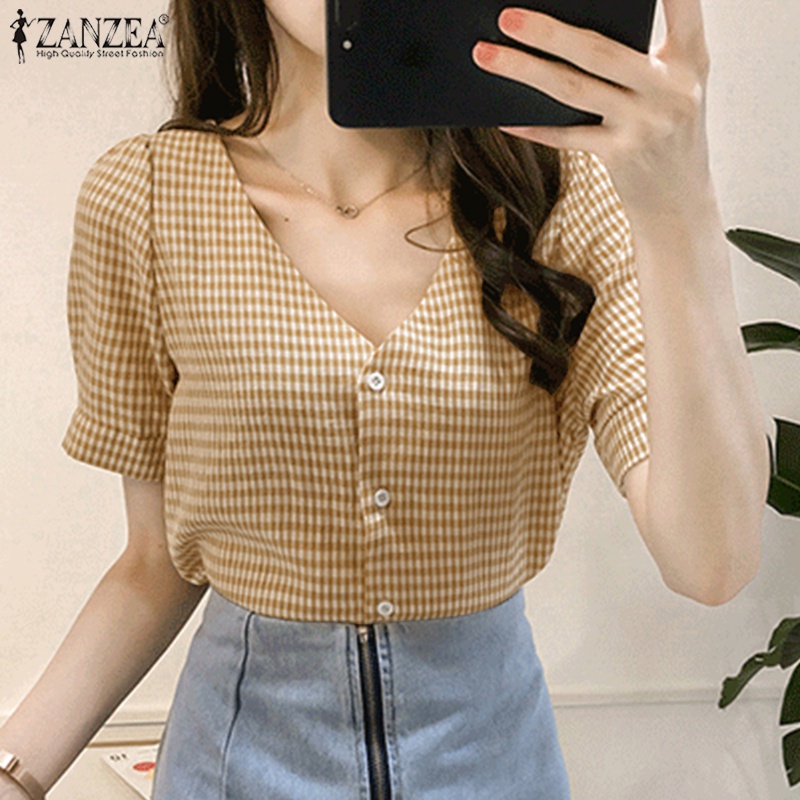 Áo sơ mi nữ ZANZEA họa tiết caro ngắn tay cổ chữ V thời trang Hàn Quốc