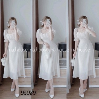 🍒Đầm dự tiệc voan trắng xoè ngực nhún tay phồng