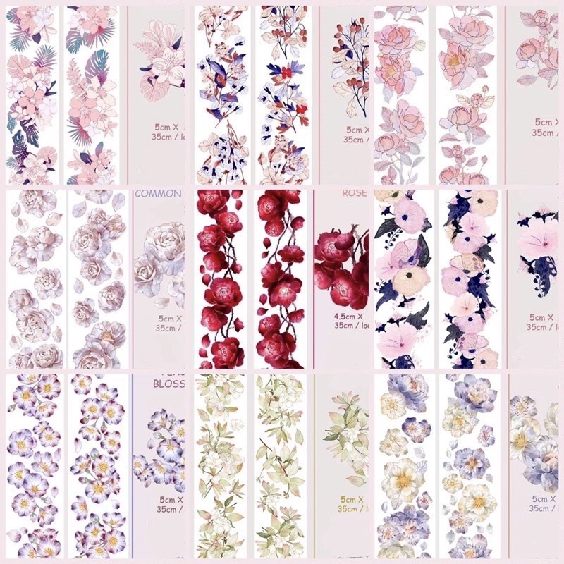 12 mẫu băng dính washi tape PET tape hoạ tiết chủ đề các loài hoa