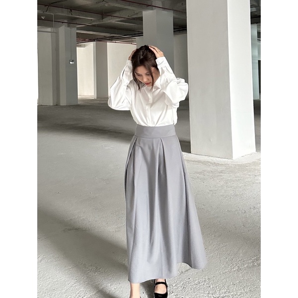 Chân váy dài xoè xếp ly xám - 𝐋𝐢𝐧 𝐒𝐤𝐢𝐫𝐭