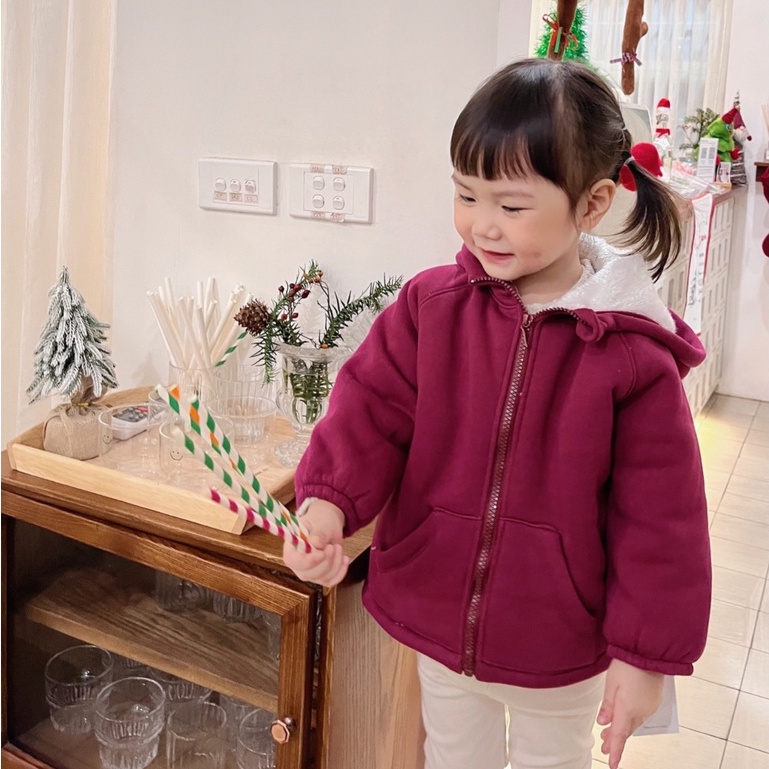 Áo Khoác Lót Lông Cừu Kéo Khóa Trơn Màu Có Mũ Ấm Áp Cho Bé Trai và Bé Gái