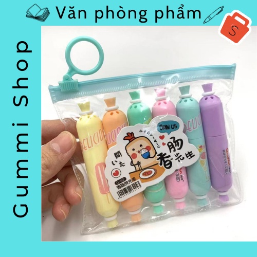 Bút highligh/ bút dạ quang 6 màu, bút đánh dấu dòng cute, nhiều màu hình xúc xích kèm túi zip (được chọn màu bán lẻ)