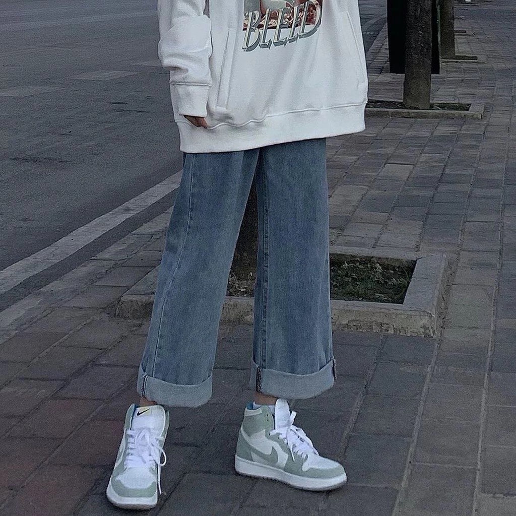 Quần jean ống rộng cạp cao ulzzang QJD01 Xanh bravoshopv, quần bò dáng suông Unisex