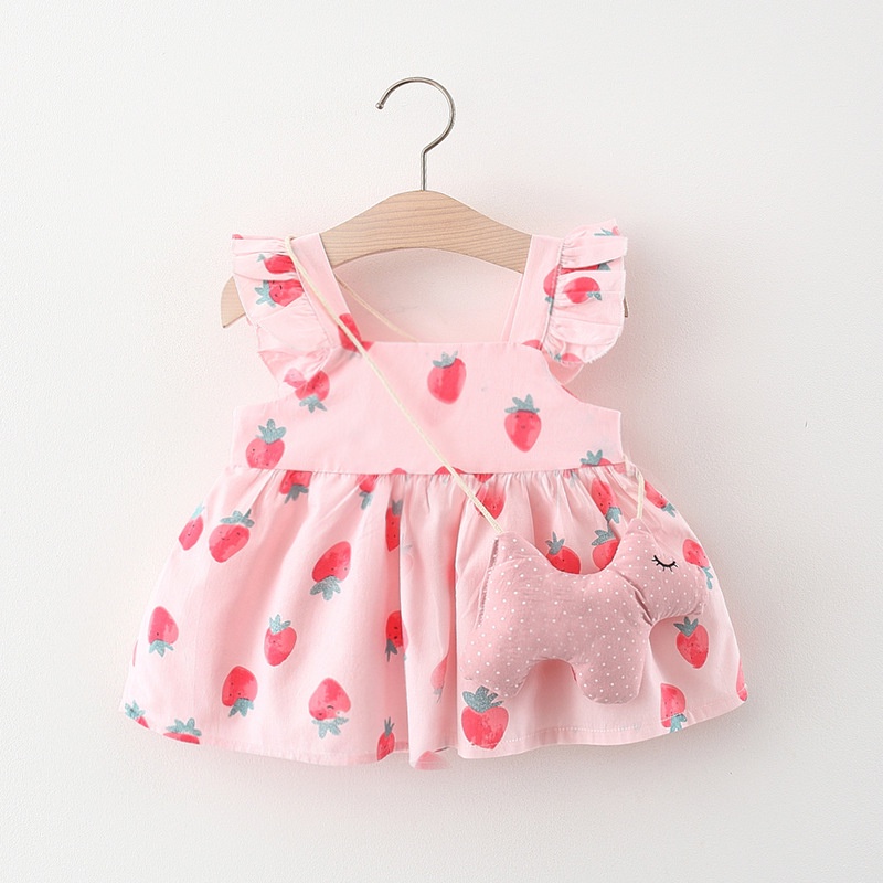 Đầm Cotton Cổ Vuông Không Tay Dáng Rộng In Hình Dâu Tây Đỏ Phong Cách Hàn Quốc Thời Trang Mùa Hè Cho Bé Gái 0-3 Tuổi