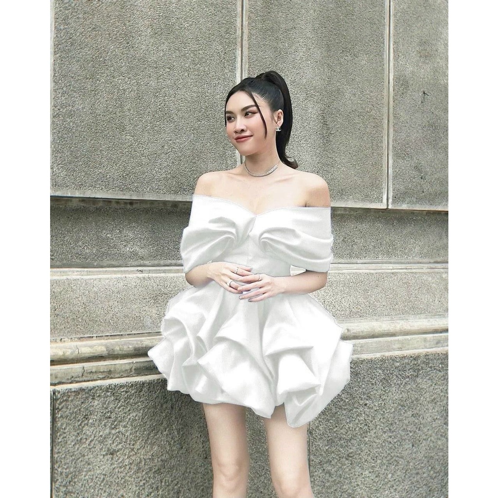 Đầm váy dự tiệc taffta tùng xòe dún bí bẹt vai sang trọng