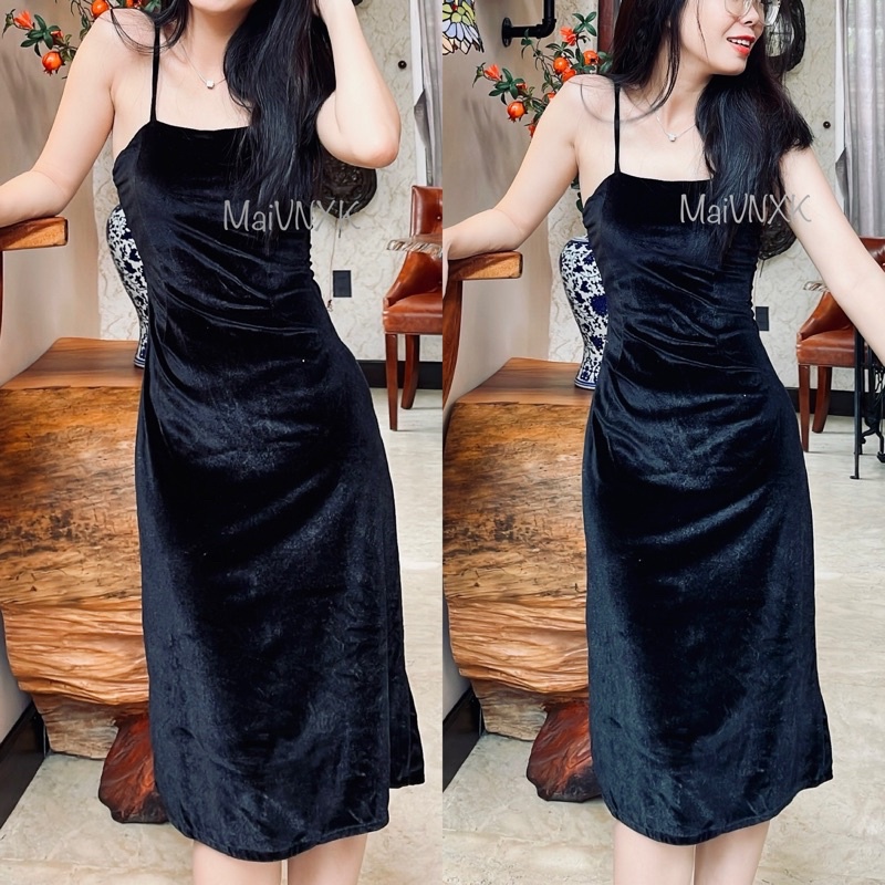 Đầm 2 dây chất nhung có mút ngực sẵn