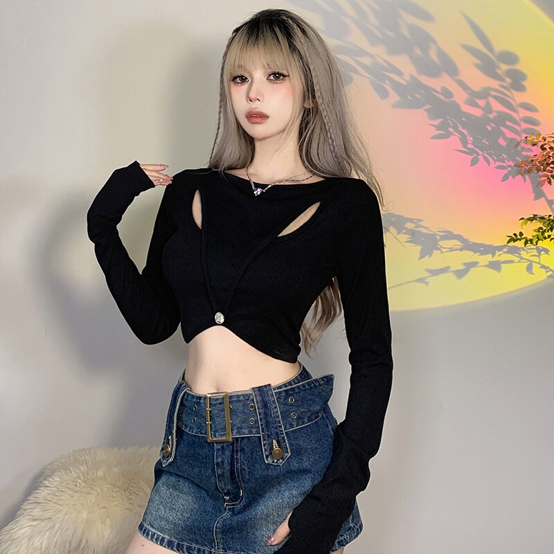 Weird Puss Áo Thun Crop Top Tay Dài Màu Trơn Dáng Ôm Đính Nút Trang Trí Lỗ Hở Thời Trang Mùa Thu Mới Cho Nữ