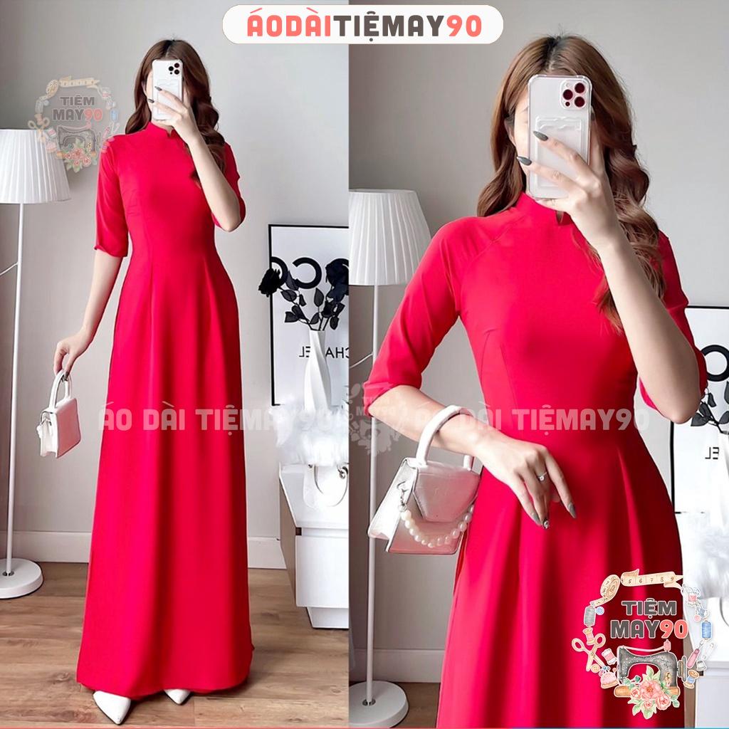 Áo dài đỏ tươi truyền thống Tiệm 90 may sẵn vải lụa Mỹ cao cấp co giãn 4 chiều chụp hình dự tiệc lễ tết đẹp AD90006