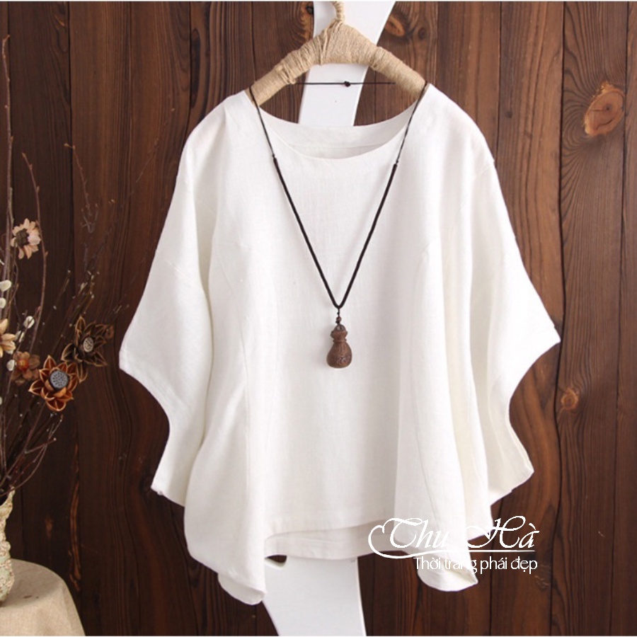 Áo cánh dơi nữ trung niên Thu Hà form rộng giấu bụng che khuyết điểm chất liệu đũi mềm nhẹ mát AKH.36