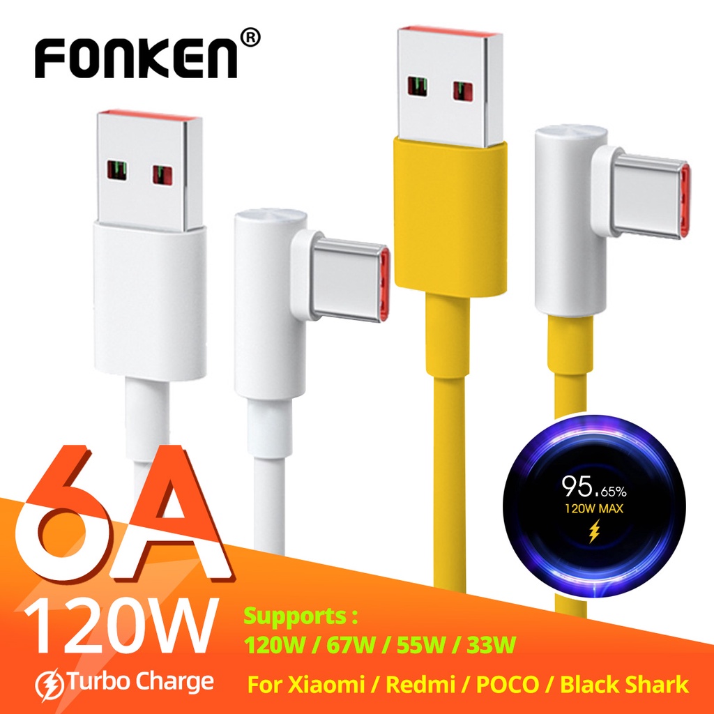 Cáp sạc nhanh FONKEN USB Type C 120W 6A thiết kế 90 độ cho Xiaomi Mi 12 11 Pro Poco F4 Redmi K50