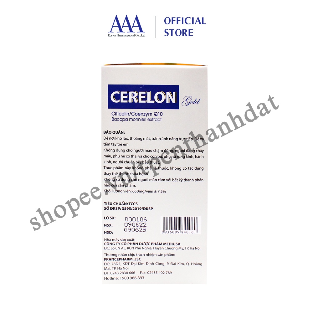Viên uống bổ não CERELON GOLD hỗ trợ giảm tình trạng đau đầu, rối loạn tiền đình - 100 viên
