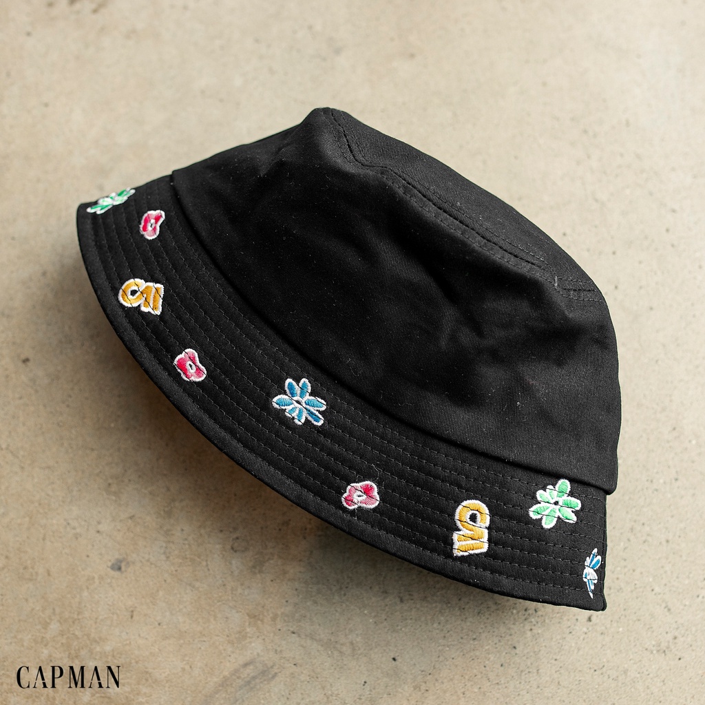 Mũ bucket vành cụp nam nữ CAPMAN màu đen thêu hoa CM07