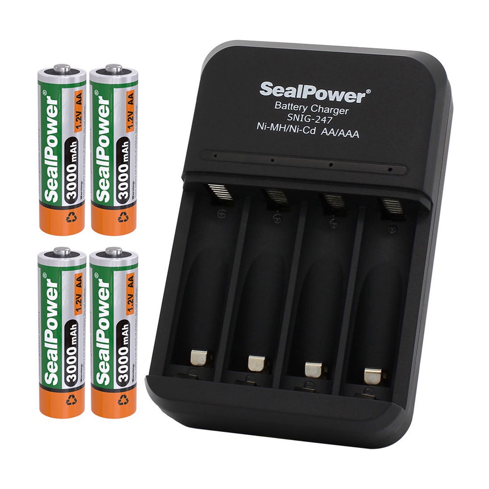 Máy sạc SealPower SNIG-247 kèm pin sạc AA 3000mAh / AAA1000mAh, 2A/3A  sạc 4 kênh độc lập đa năng.