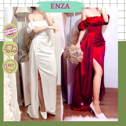 Đầm phi corset eo dạ hội trắng đỏ cúp ngực xẻ tà dáng dài