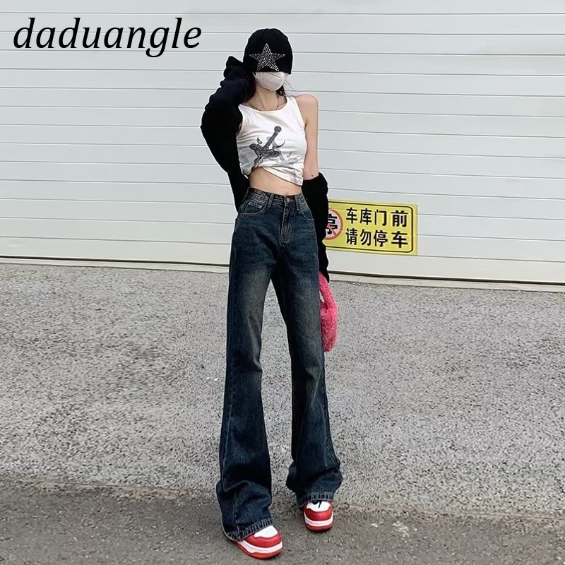 Daduhey Quần jean lưng cao dáng rộng kiểu cũ kĩ phong cách thời trang retro Mỹ cá tính cho nữ