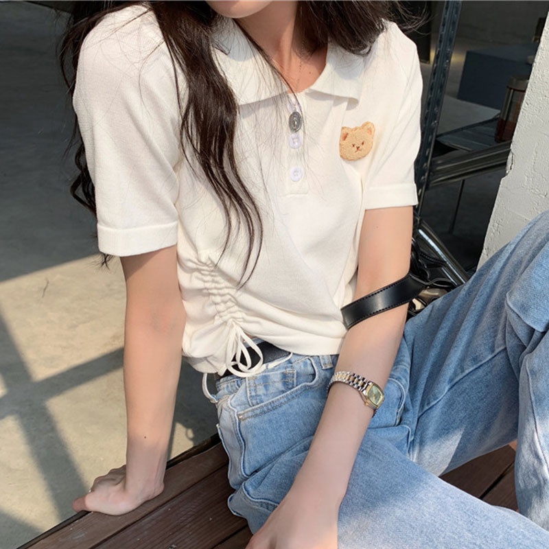Áo Dệt Kim Tay Ngắn Cổ POLO Phối Dây Rút Phong Cách Thời Trang Hàn Quốc Dành Cho Nữ