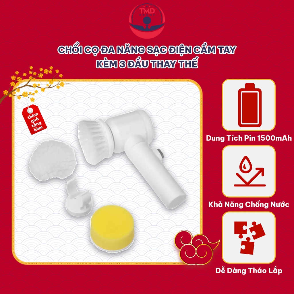 Máy Cọ Rửa Điện Đa Năng TMD GROUP Sạc USB bàn chải Vệ Sinh Bếp, Bồn Rửa Mặt, Đánh Giày, đánh bóng với 3 đầu thay thế
