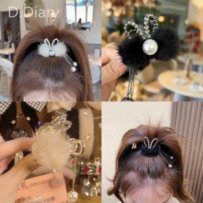 Kẹp Tóc Càng Cua Tua Rua Đính Đá &amp; Ngọc Trai Giả Hình Tai Thỏ Bằng Vải Lông Mùa Đông 2023 Cho Nữ