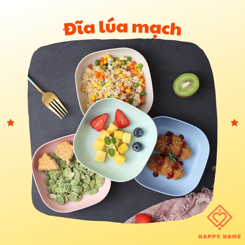 Đĩa lúa mạch tông màu Pastel hình vuông A08 đựng thức ăn, hoa quả, bánh kẹo | Happy Home Hcm