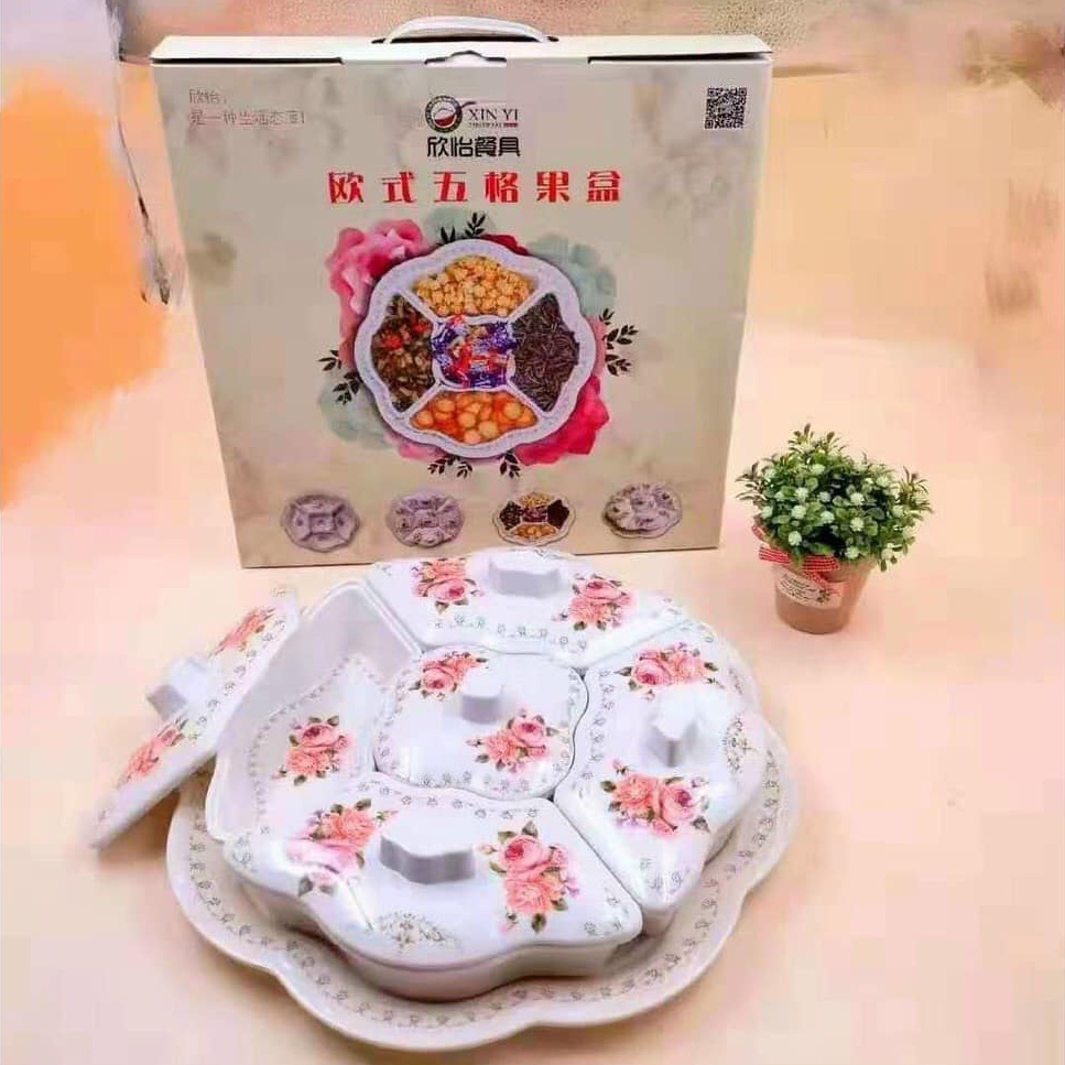Khay đựng bánh kẹo tết bằng nhựa phíp giả sứ sang chảnh 5 ngăn siêu siêu đẹp