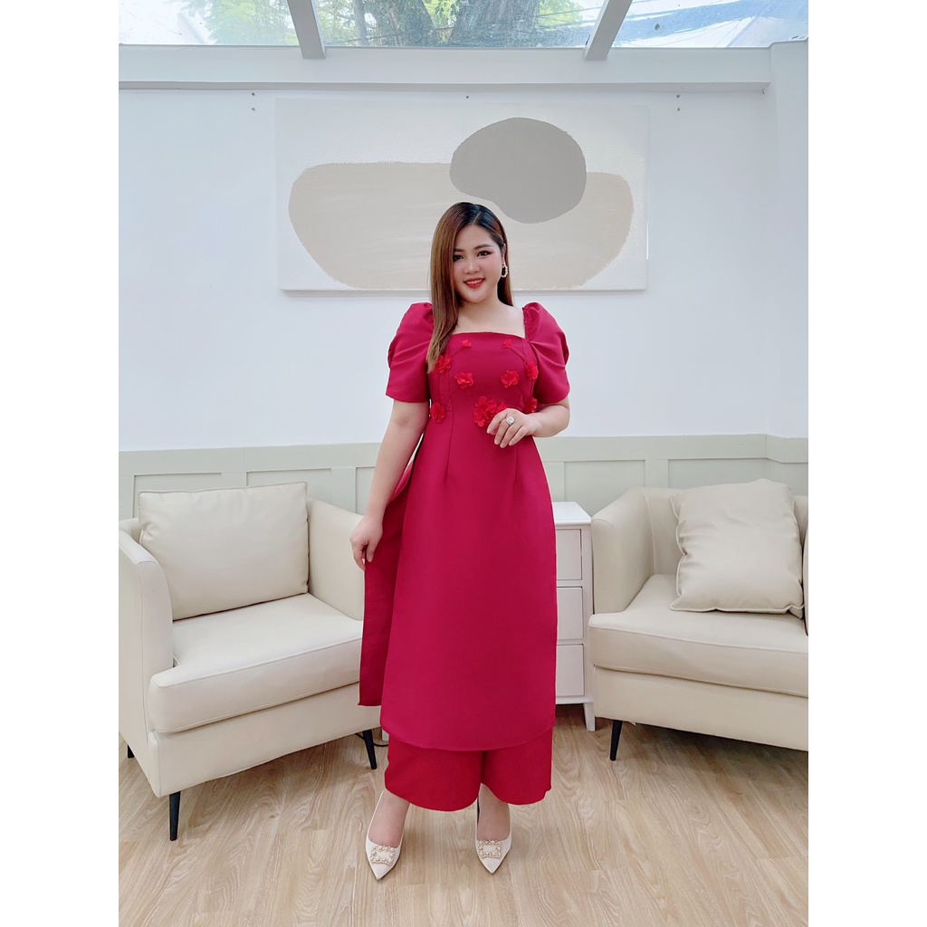 Áo Dài Nữ Cách Tân Bigsize Cổ Vuông Tay Phồng Phối Hoa Ngực Siêu Lung Linh Chất Tafta Xịn Sò Dành Cho Người Mập 50-90kg