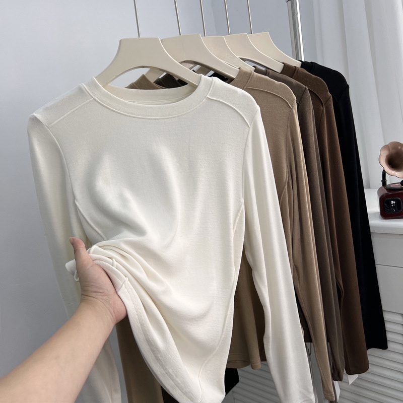 Áo Thun Sáp Mềm Tay Dài Cổ Tròn Màu Trơn Thời Trang Thu Đông Cho Nữ