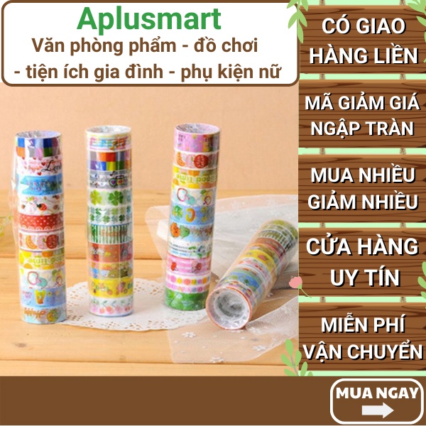 10 cuộn băng keo hoạ tiết nhiều màu - Bộ 10 cuộn băng keo dán có hình trang trí sổ tay , Aplusmart