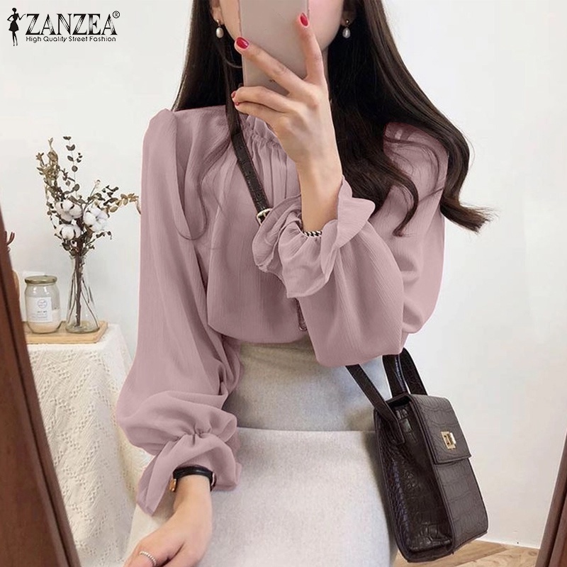Zanzea Áo Kiểu Tay Phồng Cổ Lá Sen Phong Cách Hàn Quốc Dành Cho Nữ