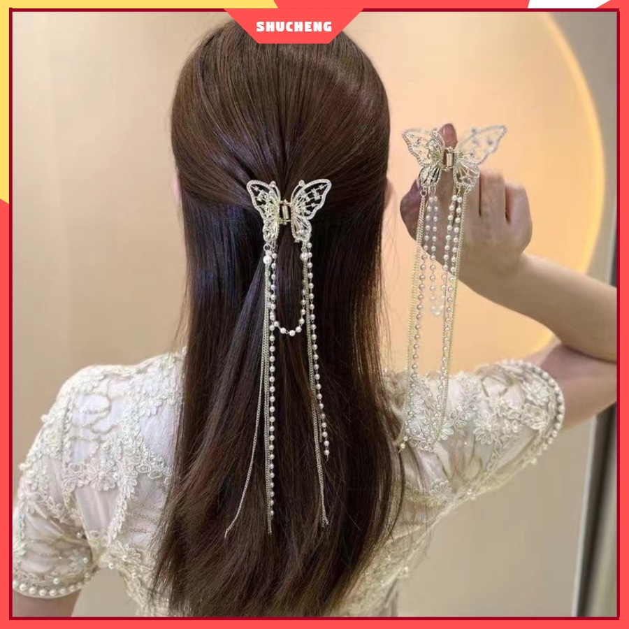 Kẹp tóc tua rua hình con bướm đính ngọc trai rhinestone bằng sắt phong cách khí chất