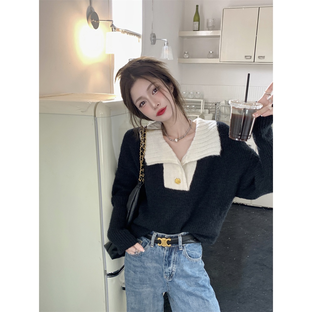 ZHELIHANGFEI Áo Sweater Cổ POLO Tay Dài Lưng Cao Dễ Phối Đồ Hợp Thời Trang