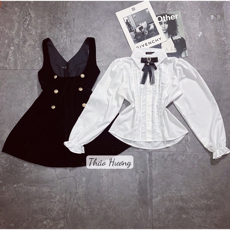 Set váy yếm nhung + áo sơ mi tay bồng tag nơ
