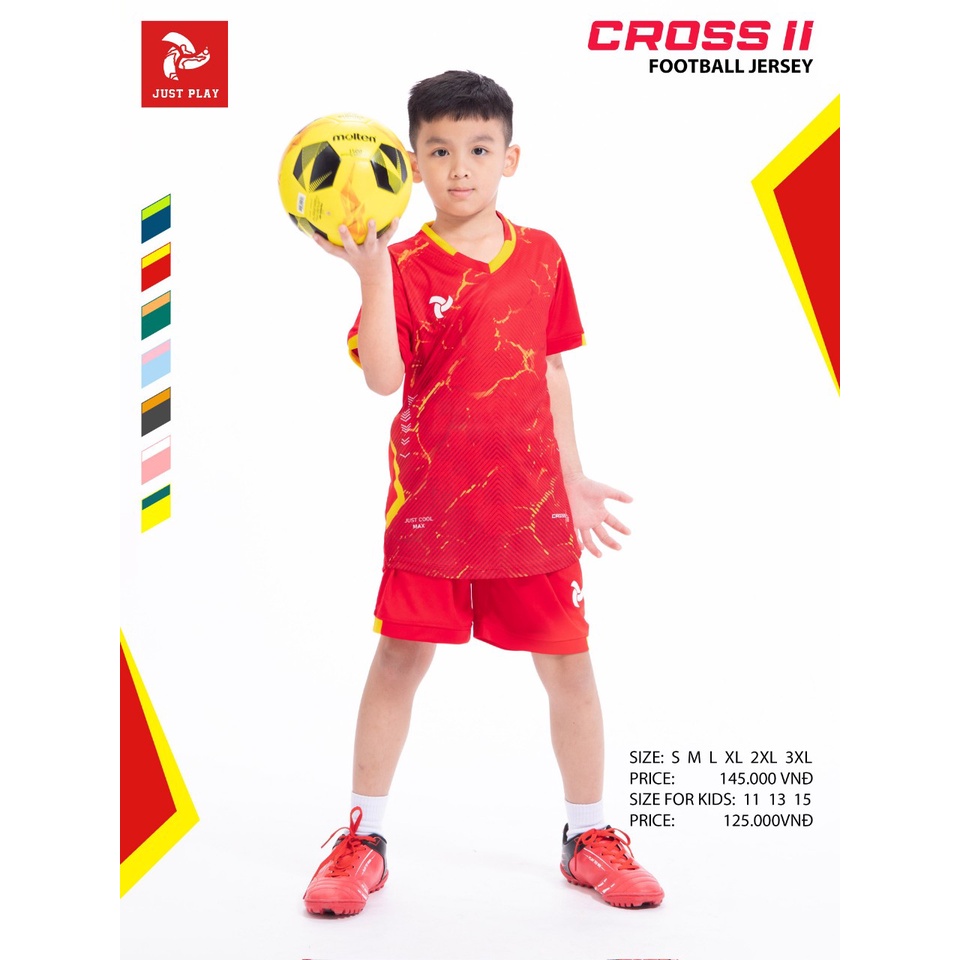 Quần áo đá banh trẻ em không logo Just Play Cross 2 màu đỏ CÓ IN TÊN SỐ