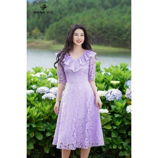 Đầm nữ thiết kế Hong Vic ren tím cổ V DL485