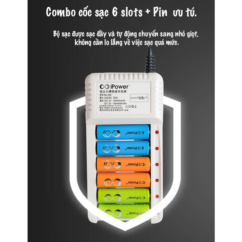 Bộ Pin và sạc pin AA- AAA đa năng, sạc được 6 pin, chính hãng iPower cao cấp