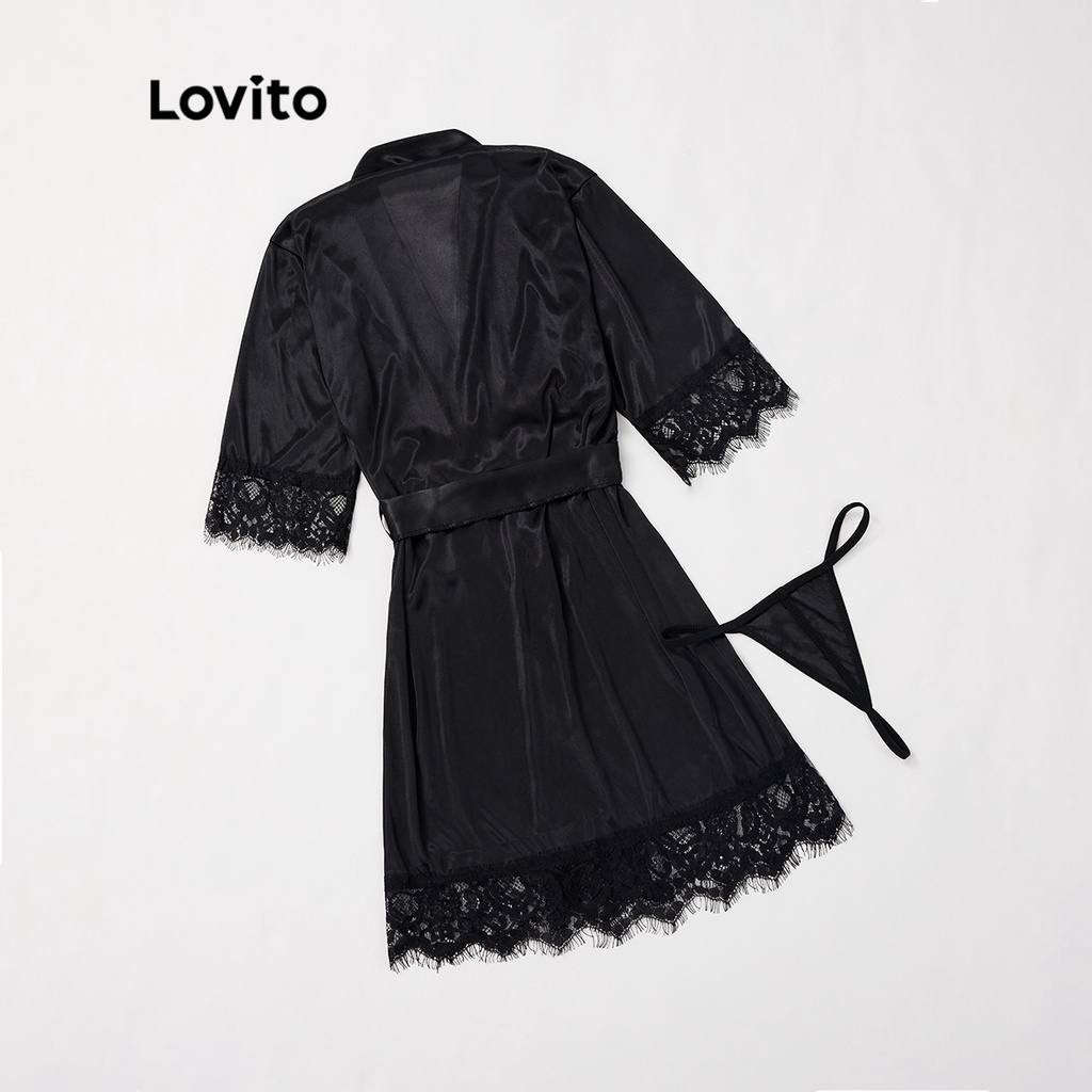 Áo choàng Lovito cột dây phối ren tương phản thanh lịch L17X089 (Màu đen)