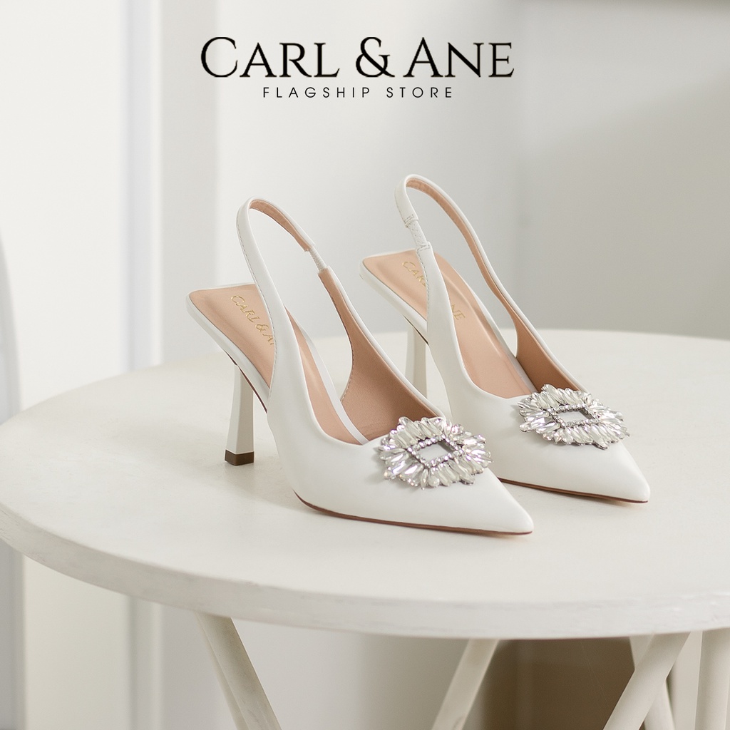 Carl &amp; Ane - Giày Slingback mũi nhọn đính đá pha lê sang trọng dự tiệc cao 8cm màu trắng - WD002