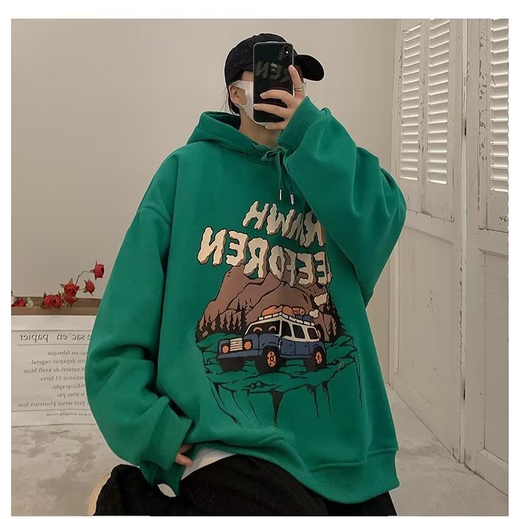 Áo Hoodie Dáng Rộng In Họa Tiết Hoạt Hình Giáng Sinh Màu Xanh Lá Thời Trang Thu Đông Cho Nam Và Nữ Size M-5XL