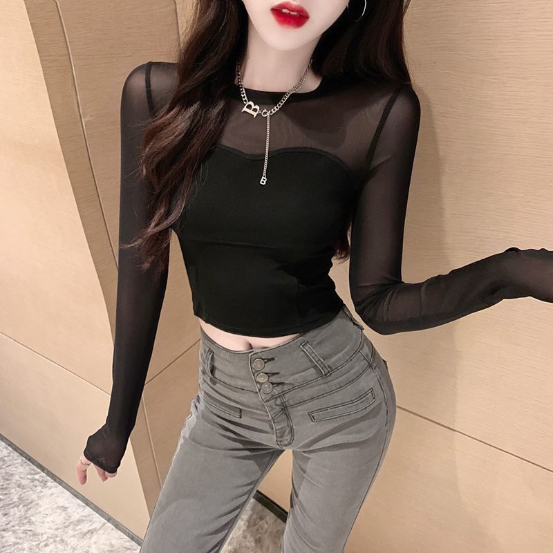 Áo Thun Lưới Tay Dài Dáng Ôm Ngắn Màu Đen Thời Trang 2022 Cho Nữ