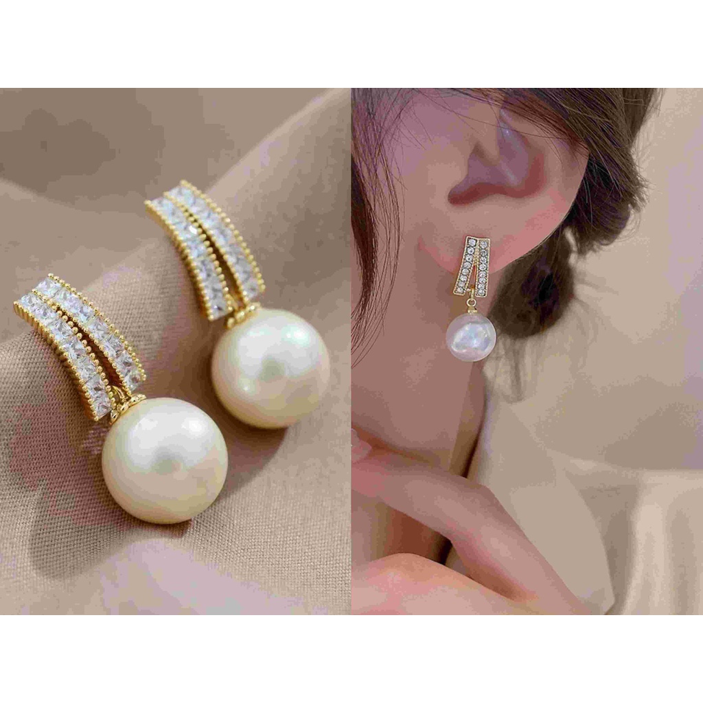 Khuyên tai thả ngọc trai nhân tạo đính đá tam giác thanh lịch phong cách Hàn Quốc sang trọng cho nữ