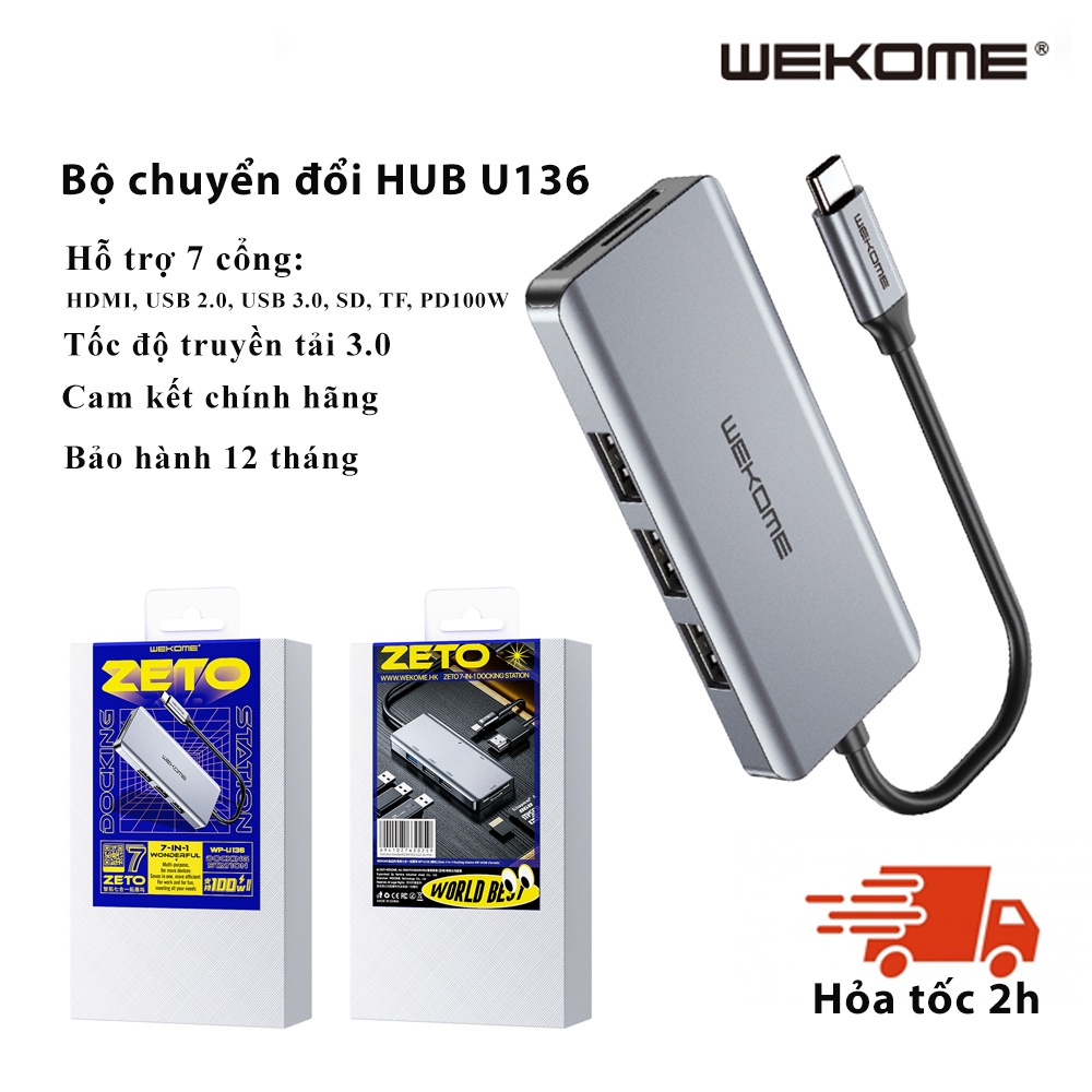 HUB USB 3.0 U136 WEKOME cho laptop - Cổng chuyển đổi HUB USB Type-C-USB2.0/HDMI/USB3.0/SD/TF/PD