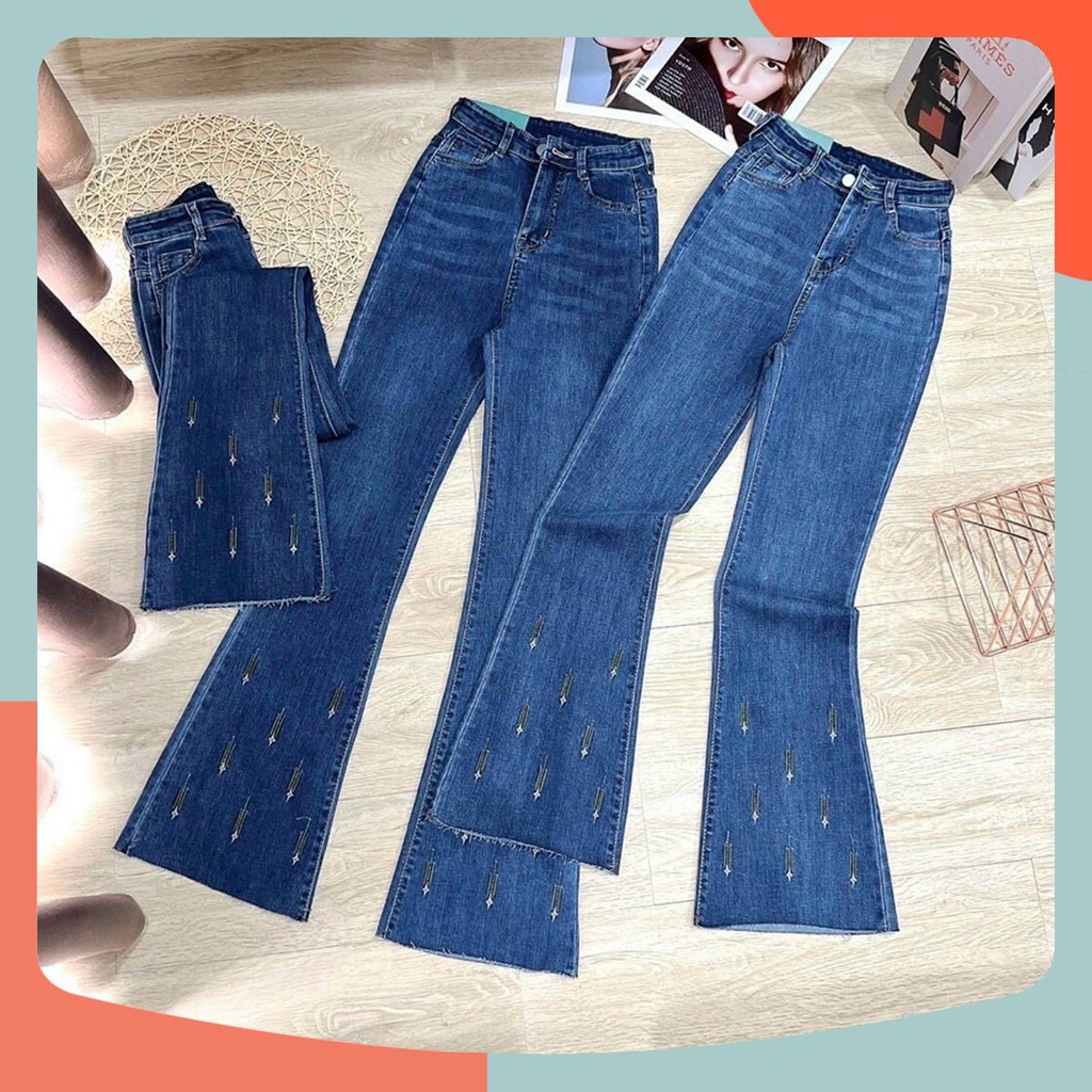 Quần Ống Loe Thêu Lai, Xanh Đậm 1122, Lưng Cao Trên Rốn, Co Giãn